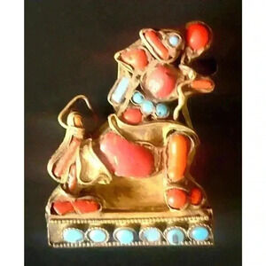 Vintage Nepal Tibetan Brass Coral & Turquoise Foo Dog Pin Brooch 1930s - 1940s